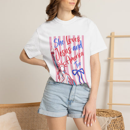 She Loves Jesus and America Too T-Shirt — Patriotic Faith Graphic Tee