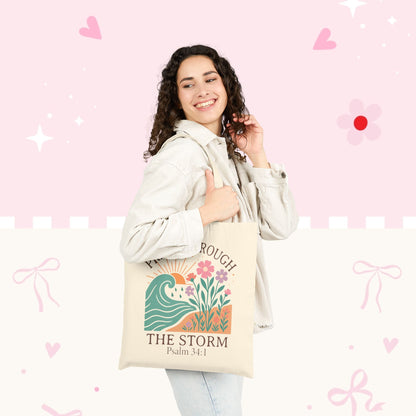Tote — "Praise Through the Storm (Psalm 34:1)" Floral Wave Canvas Tote