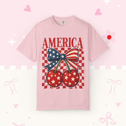 America Cherry Graphic T-Shirt — Patriotic USA Bow Design