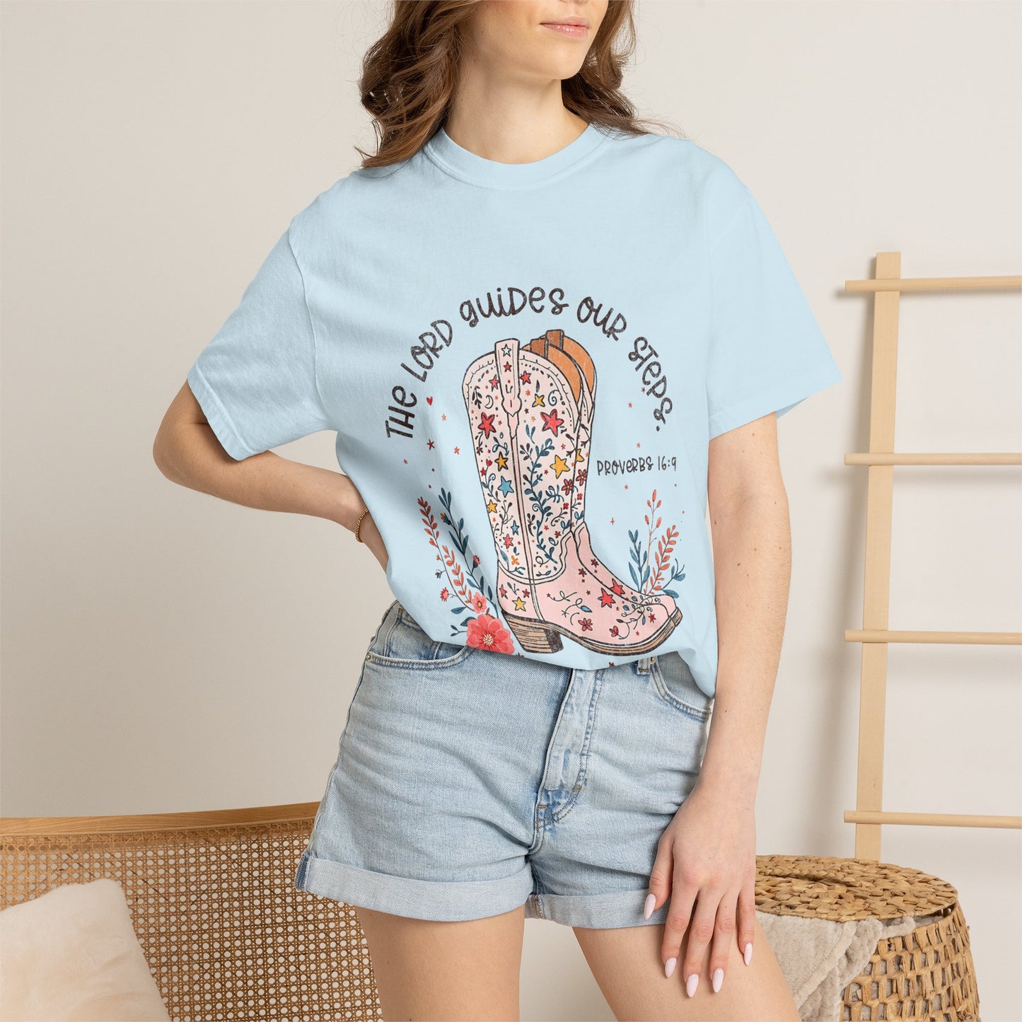 Christian Cowboy Boots T‑Shirt — "The Lord Guides Our Steps" Floral Western Tee