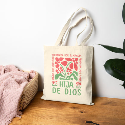 Tote Bag — Hija de Dios Floral Canvas Tote (Spanish Faith Gift)
