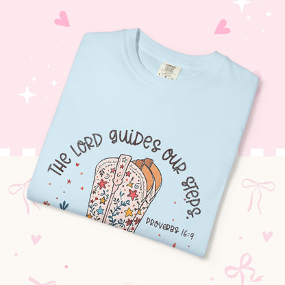 Christian Cowboy Boots T‑Shirt — "The Lord Guides Our Steps" Floral Western Tee
