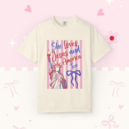 She Loves Jesus and America Too T-Shirt — Patriotic Faith Graphic Tee