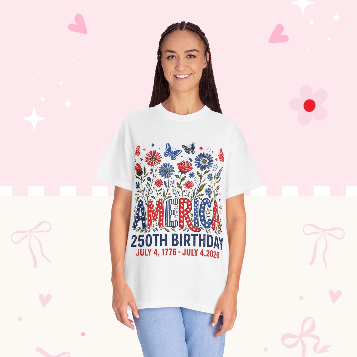 America 250th Birthday T-Shirt — July 4, 1776–2026 Patriotic Floral Tee