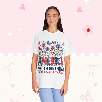 America 250th Birthday T-Shirt — July 4, 1776–2026 Patriotic Floral Tee