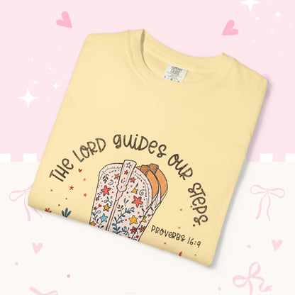 Christian Cowboy Boots T‑Shirt — "The Lord Guides Our Steps" Floral Western Tee
