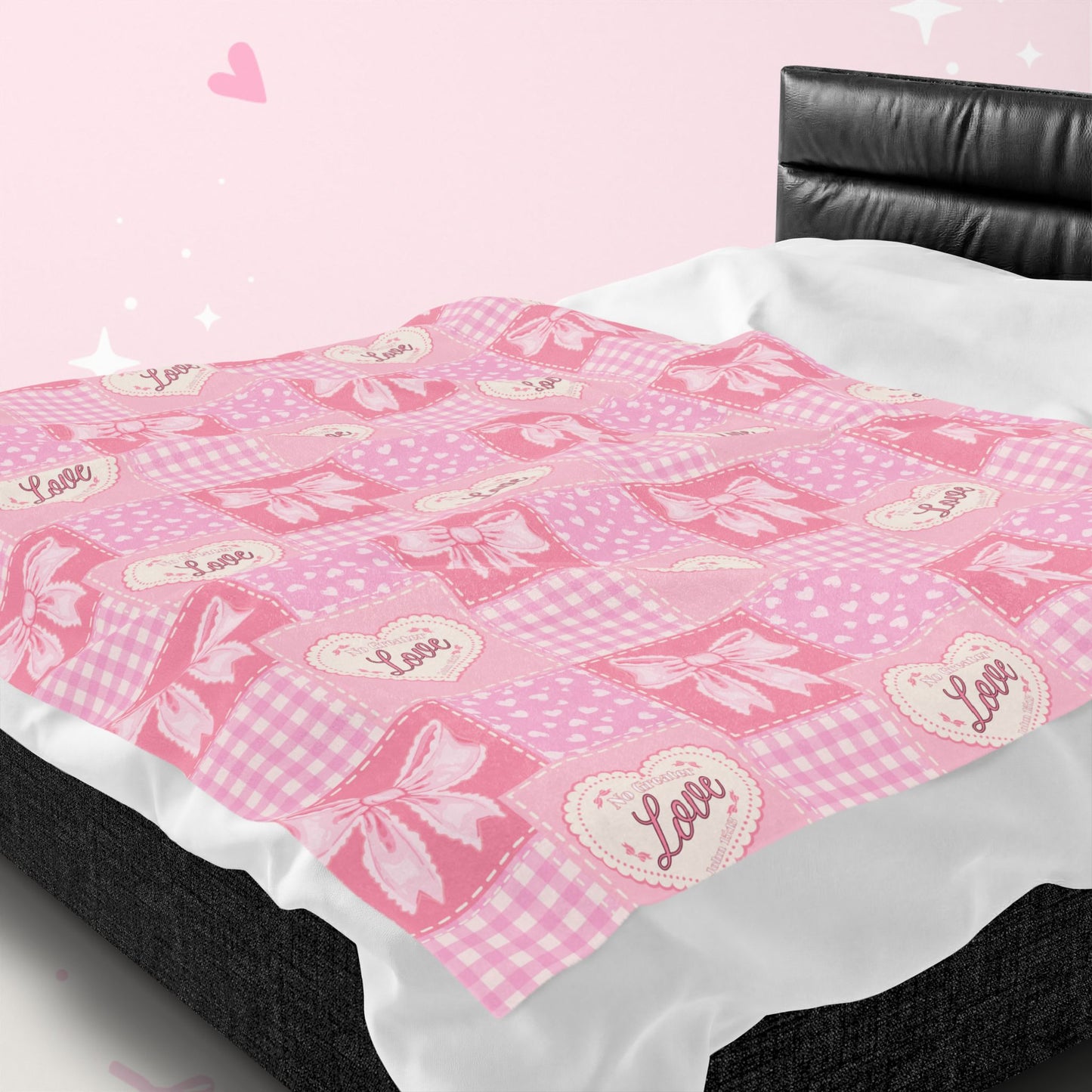 Heart & Bow Pink Velveteen Blanket – 'Love' Patchwork Plush Throw