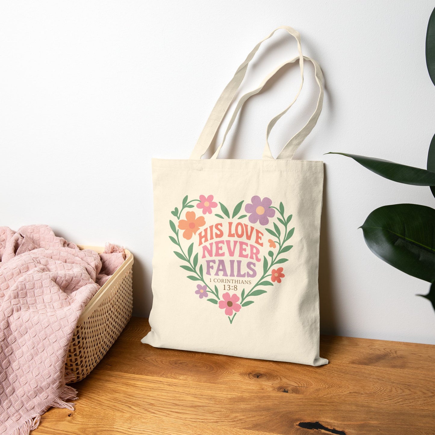 His Love Never Fails Floral Heart Tote Bag