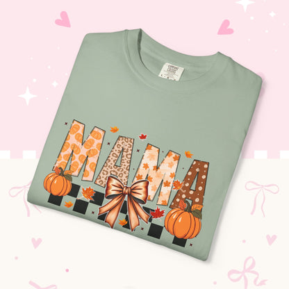 Mama Pumpkin Graphic T-Shirt — Fall Plaid Bow Shirt for Moms