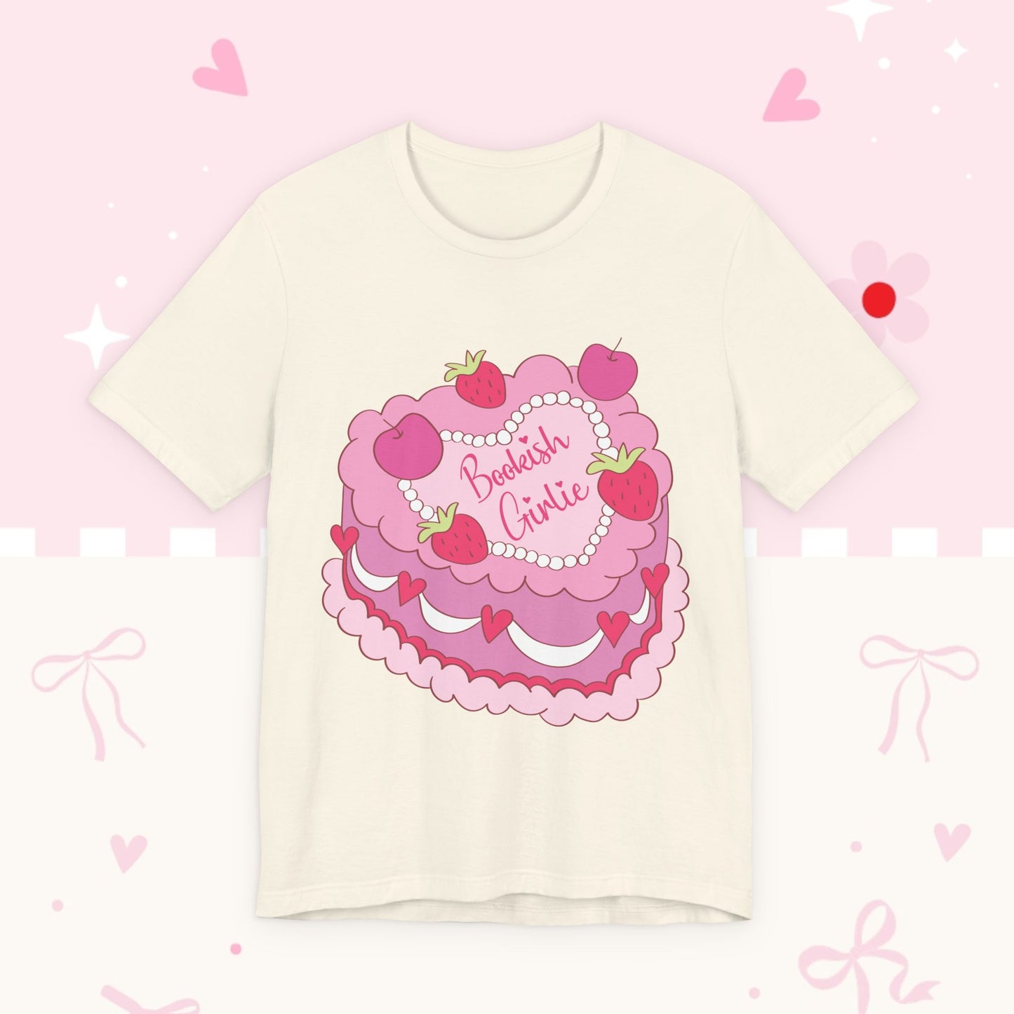 Cake Cutie Tee — “Bookish Girlie” Pink Strawberry Graphic T‑Shirt