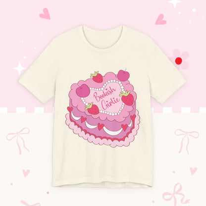 Cake Cutie Tee — “Bookish Girlie” Pink Strawberry Graphic T‑Shirt