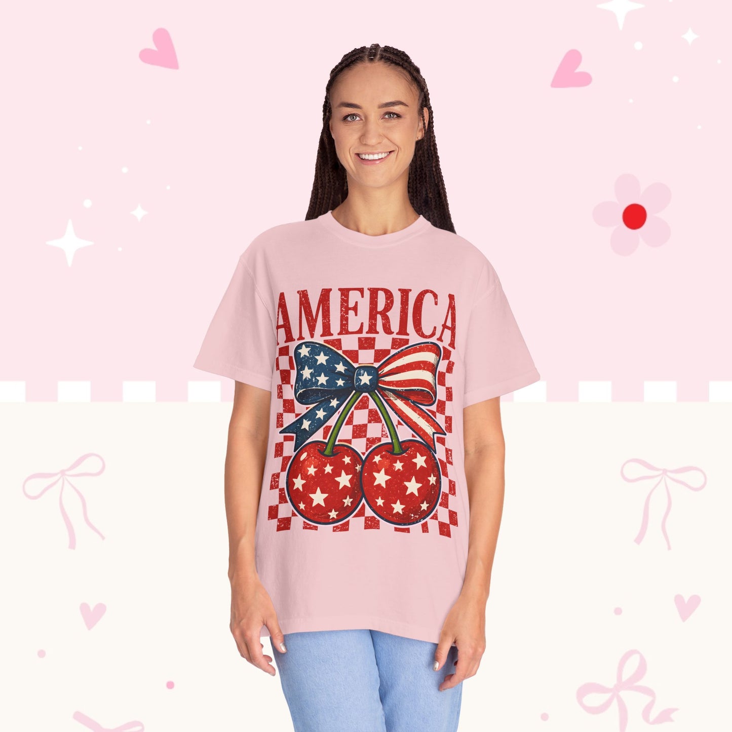 America Cherry Graphic T-Shirt — Patriotic USA Bow Design