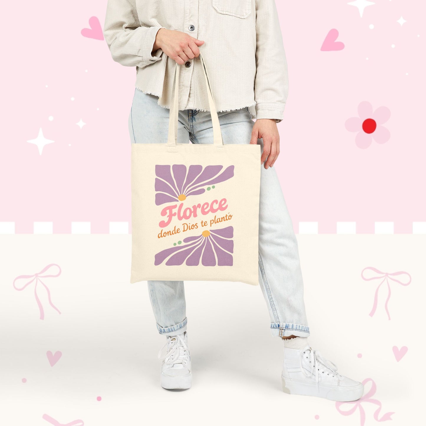 Florece Tote Bag – "Florece donde Dios te planta" Floral Canvas Market Bag
