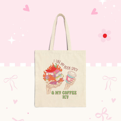 Tote Bag — "I Like My Books Spicy & My Coffee Icy" Illustrated Canvas Tote