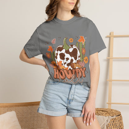Howdy Fall T-Shirt — Cow Print Pumpkin Autumn Tee