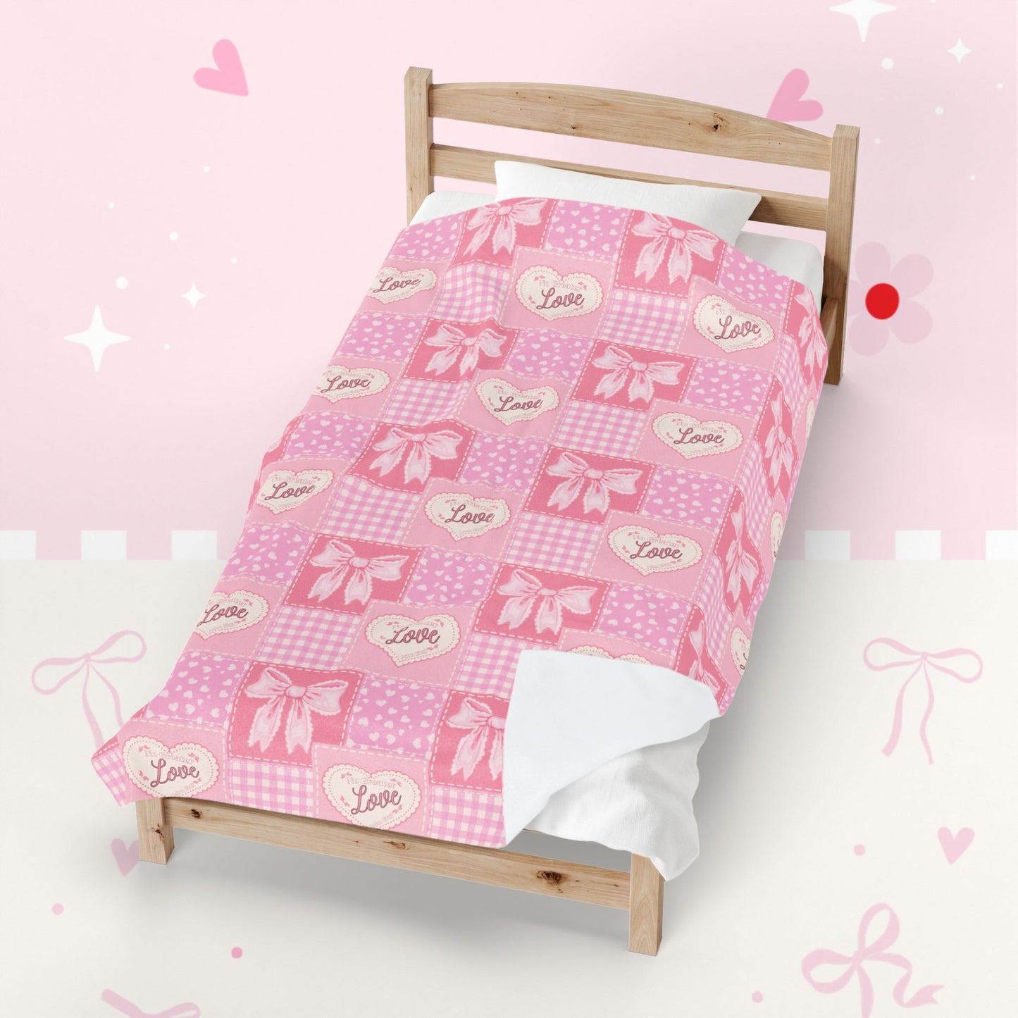 Heart & Bow Pink Velveteen Blanket – 'Love' Patchwork Plush Throw