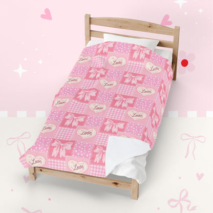 Heart & Bow Pink Velveteen Blanket – 'Love' Patchwork Plush Throw