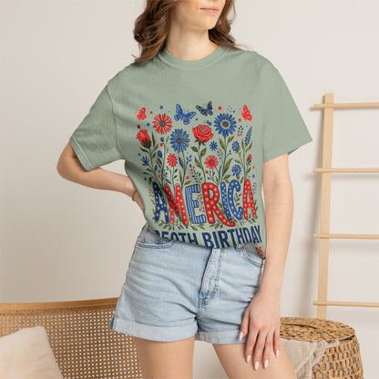 America 250th Birthday T-Shirt — July 4, 1776–2026 Patriotic Floral Tee