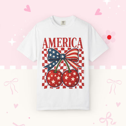 America Cherry Graphic T-Shirt — Patriotic USA Bow Design