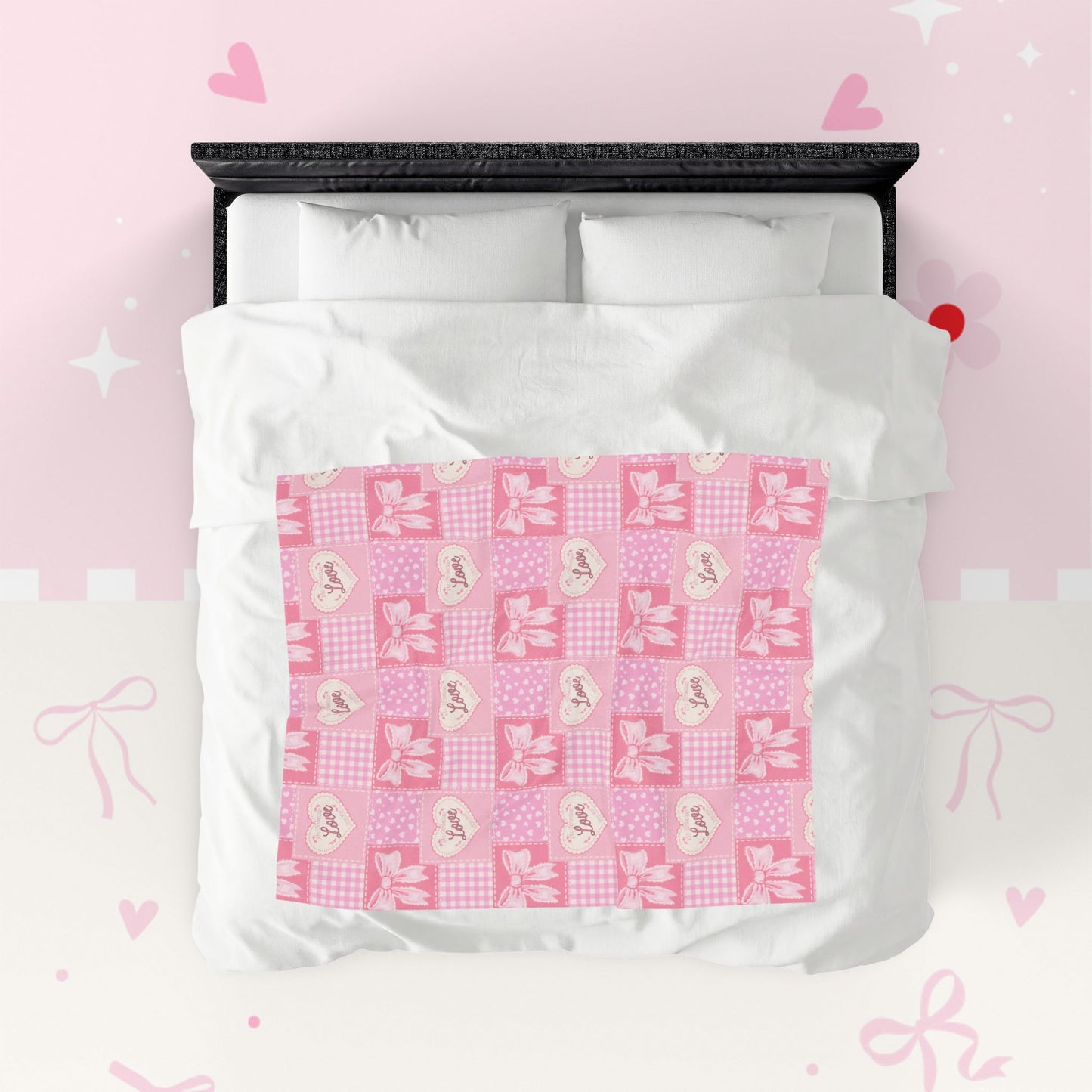Heart & Bow Pink Velveteen Blanket – 'Love' Patchwork Plush Throw