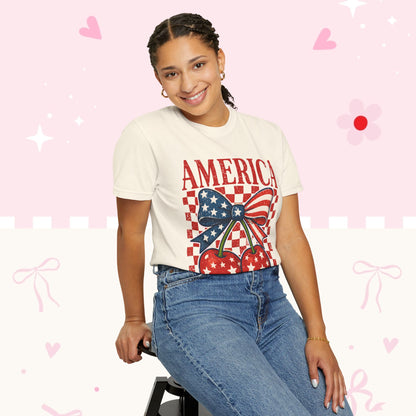 America Cherry Graphic T-Shirt — Patriotic USA Bow Design