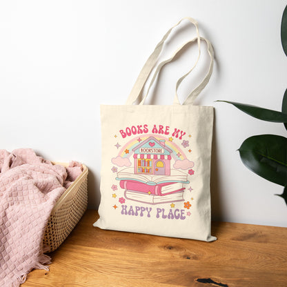 Tote Bag — "Books Are My Happy Place" Cute Bookstore Illustration