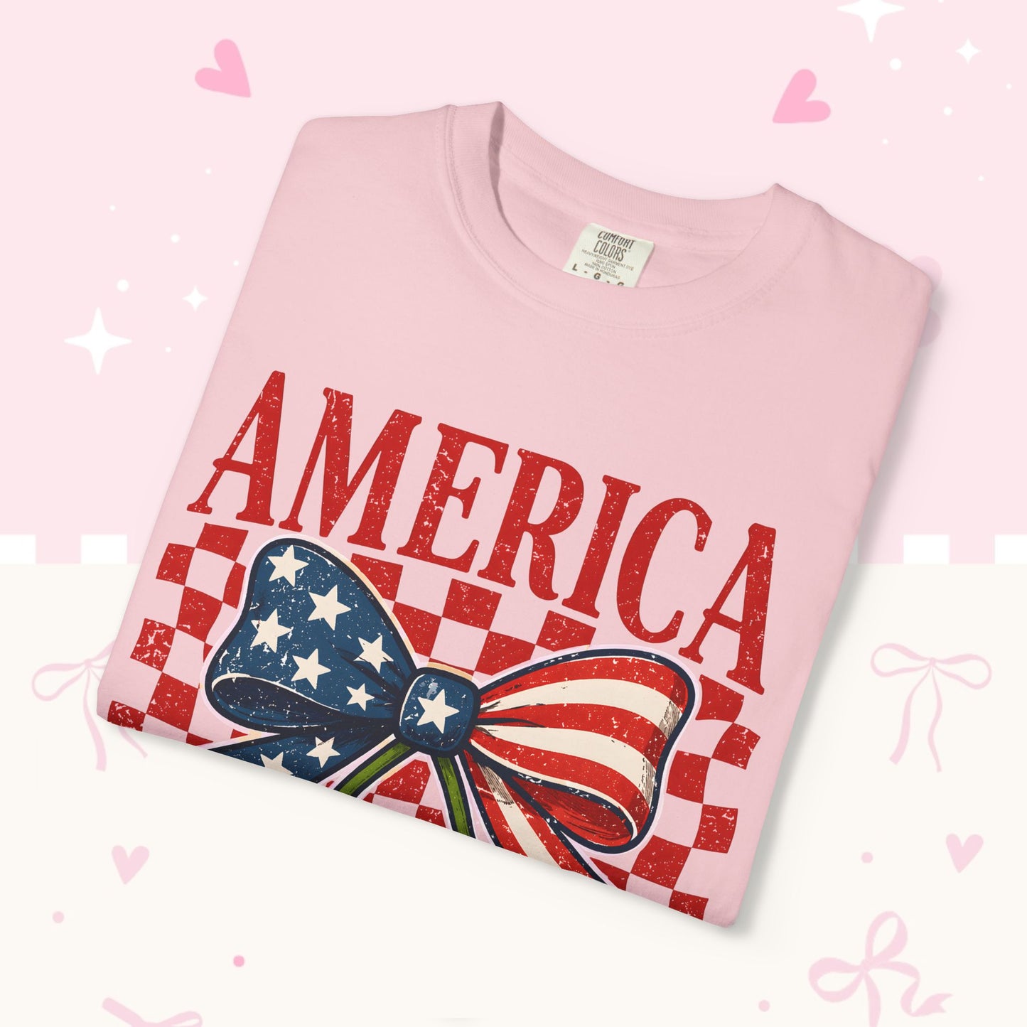 America Cherry Graphic T-Shirt — Patriotic USA Bow Design