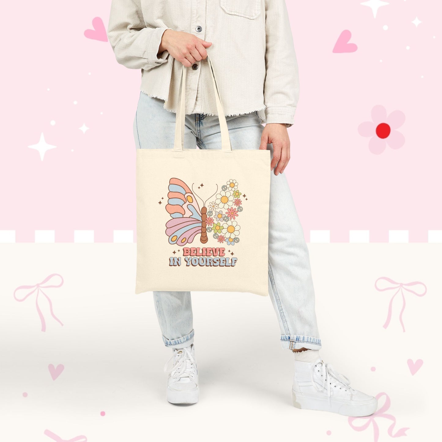 Tote Bag — "Believe In Yourself" Butterfly Floral Canvas Tote