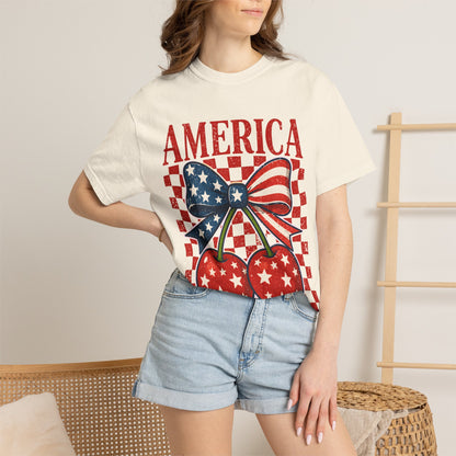 America Cherry Graphic T-Shirt — Patriotic USA Bow Design