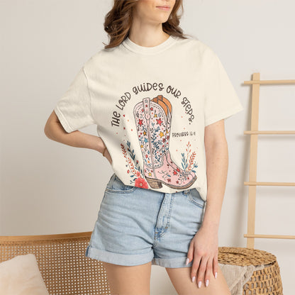 Christian Cowboy Boots T‑Shirt — "The Lord Guides Our Steps" Floral Western Tee