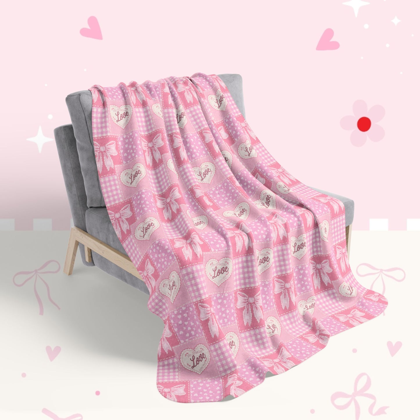 Pink Heart Patchwork Fleece Sherpa Blanket — Cozy Throw