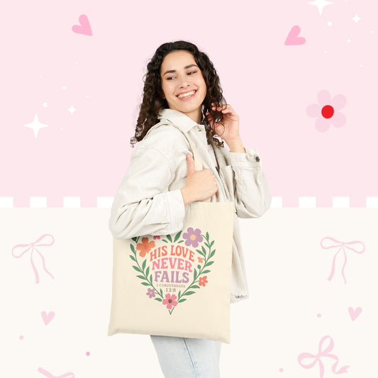 His Love Never Fails Floral Heart Tote Bag