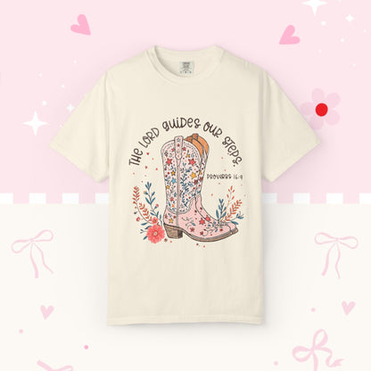 Christian Cowboy Boots T‑Shirt — "The Lord Guides Our Steps" Floral Western Tee