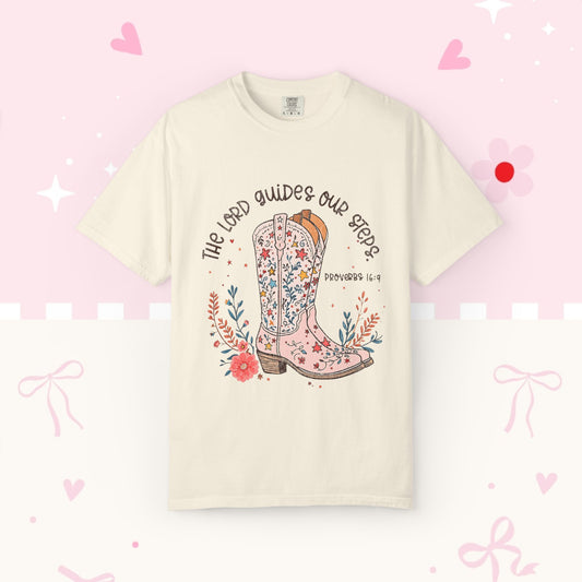 Christian Cowboy Boots T‑Shirt — "The Lord Guides Our Steps" Floral Western Tee