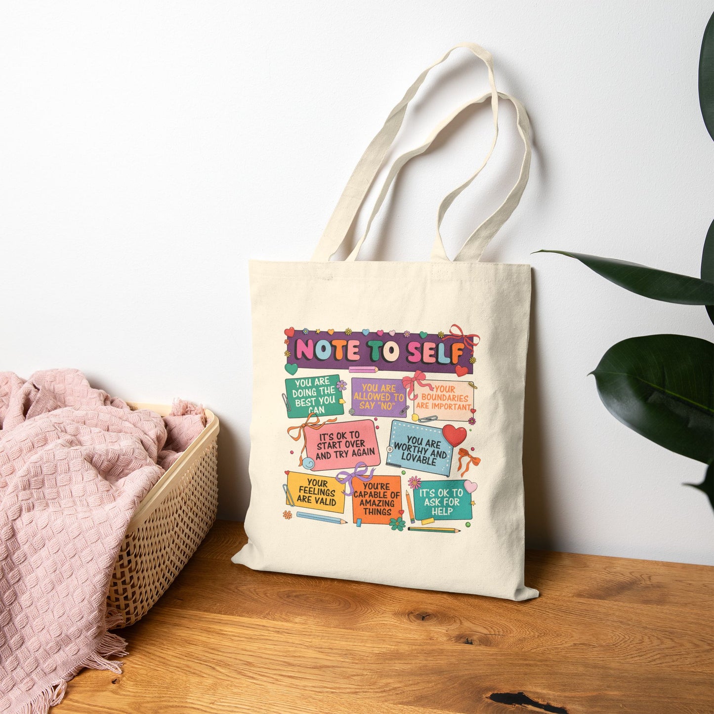 Tote Bag — “Note to Self” Inspirational Reminder Canvas Tote