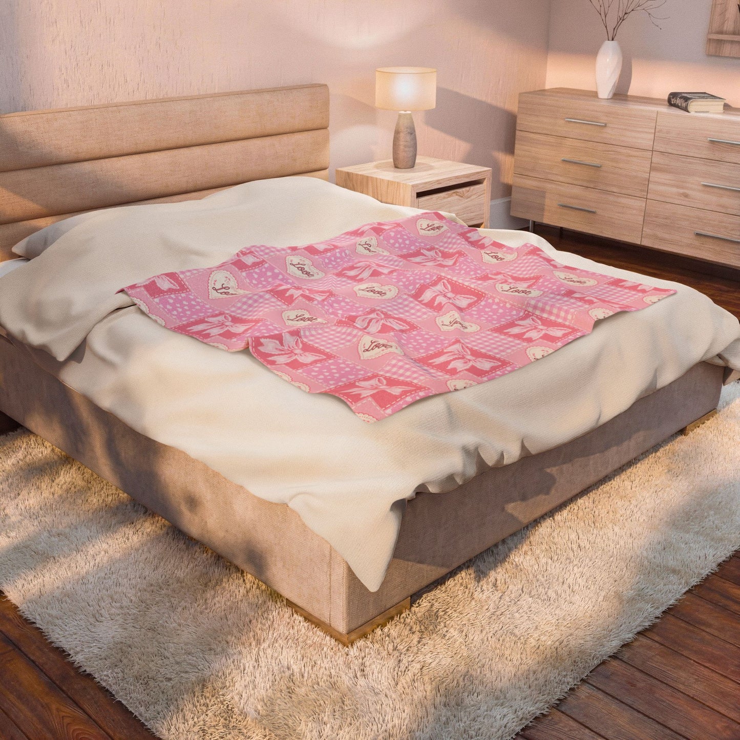 Heart & Bow Pink Velveteen Blanket – 'Love' Patchwork Plush Throw
