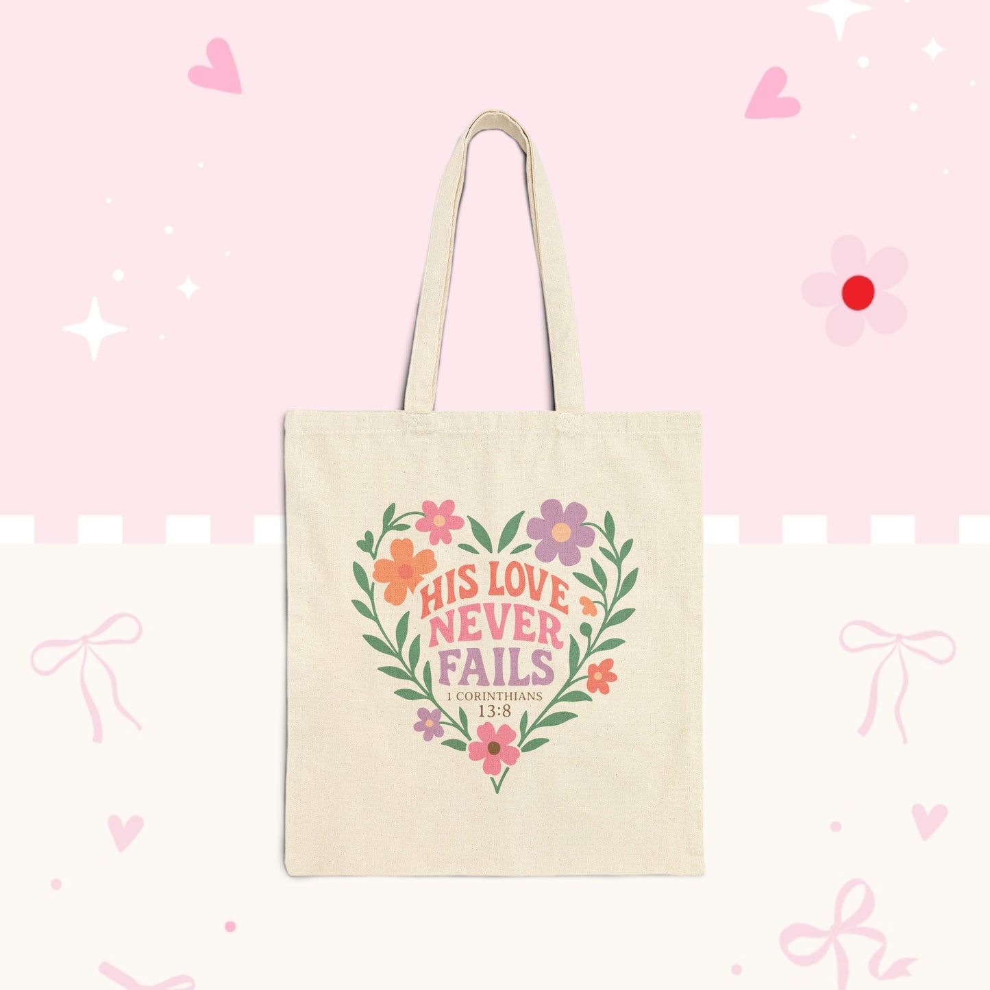 His Love Never Fails Floral Heart Tote Bag