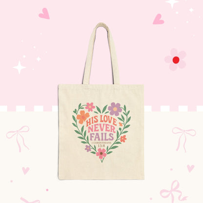 His Love Never Fails Floral Heart Tote Bag
