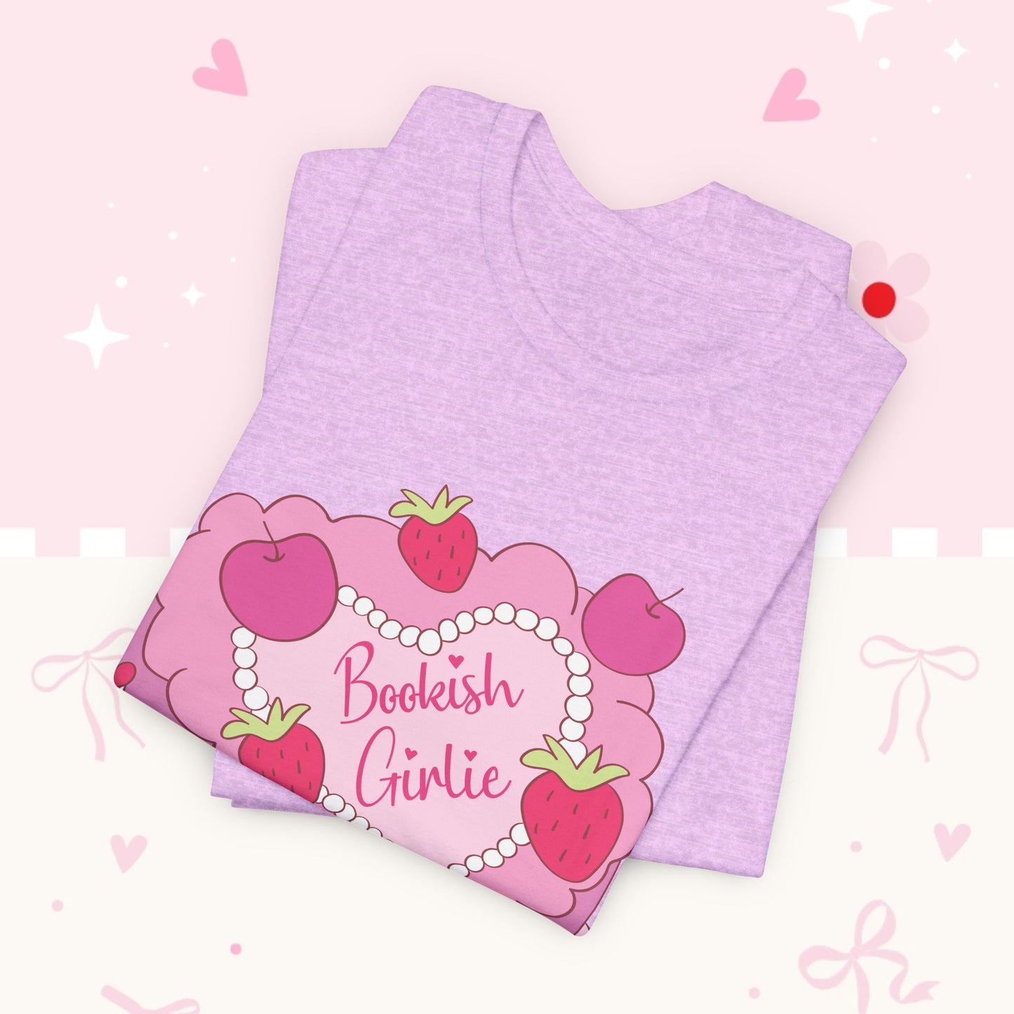 Cake Cutie Tee — “Bookish Girlie” Pink Strawberry Graphic T‑Shirt