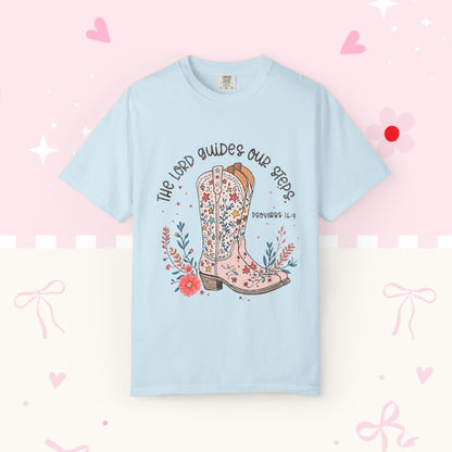 Christian Cowboy Boots T‑Shirt — "The Lord Guides Our Steps" Floral Western Tee
