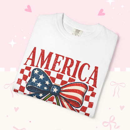 America Cherry Graphic T-Shirt — Patriotic USA Bow Design