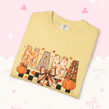 Mama Pumpkin Graphic T-Shirt — Fall Plaid Bow Shirt for Moms