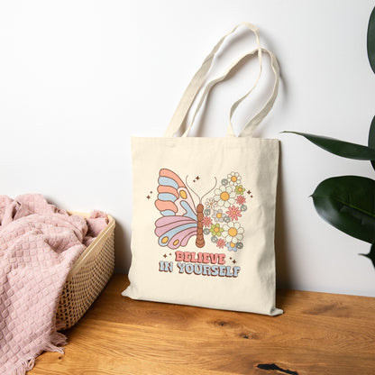 Tote Bag — "Believe In Yourself" Butterfly Floral Canvas Tote