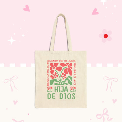 Tote Bag — Hija de Dios Floral Canvas Tote (Spanish Faith Gift)
