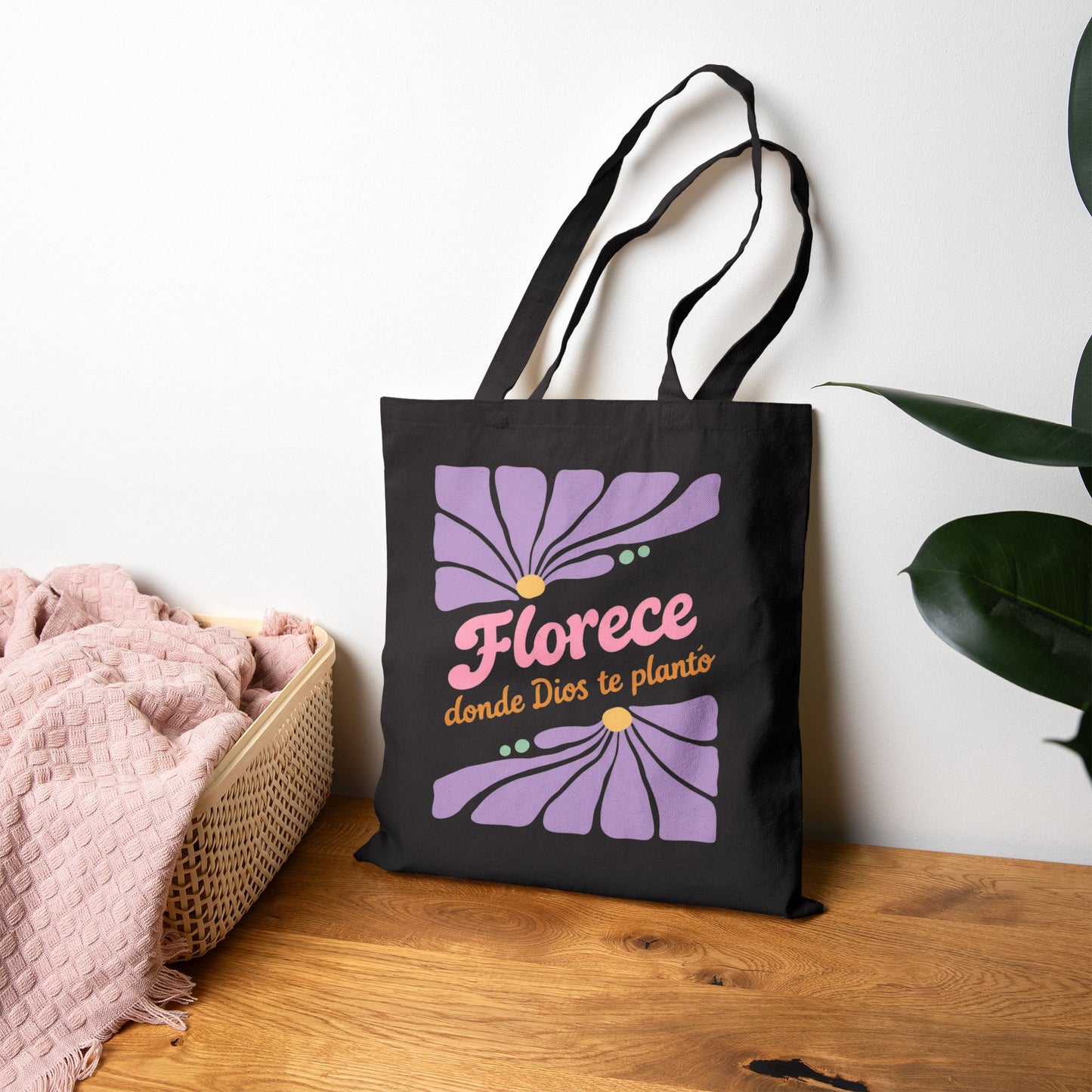 Florece Tote Bag – "Florece donde Dios te planta" Floral Canvas Market Bag