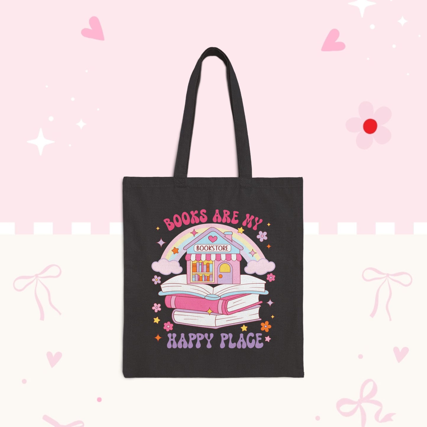 Tote Bag — "Books Are My Happy Place" Cute Bookstore Illustration