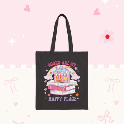 Tote Bag — "Books Are My Happy Place" Cute Bookstore Illustration
