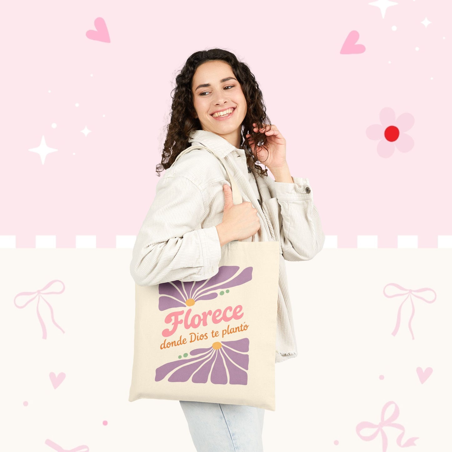 Florece Tote Bag – "Florece donde Dios te planta" Floral Canvas Market Bag
