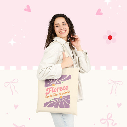 Florece Tote Bag – "Florece donde Dios te planta" Floral Canvas Market Bag