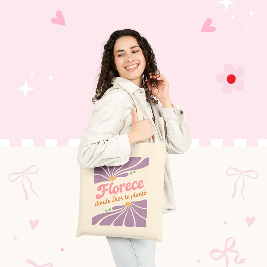 Florece Tote Bag – "Florece donde Dios te planta" Floral Canvas Market Bag